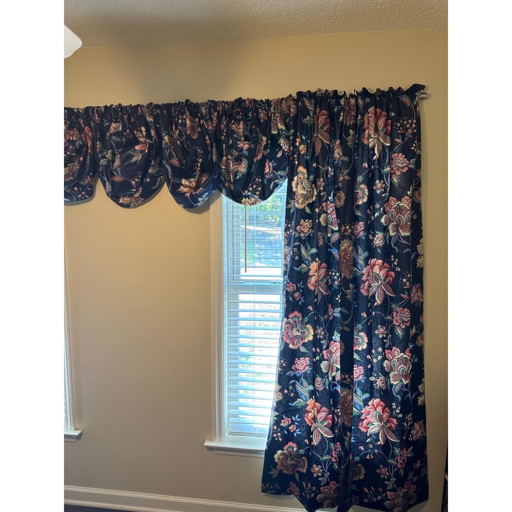 Vintage Navy Blue Floral Chintz 9 Piece‎ Curtain & Balloon Valance Set Lined 80s - Picture 2 of 12